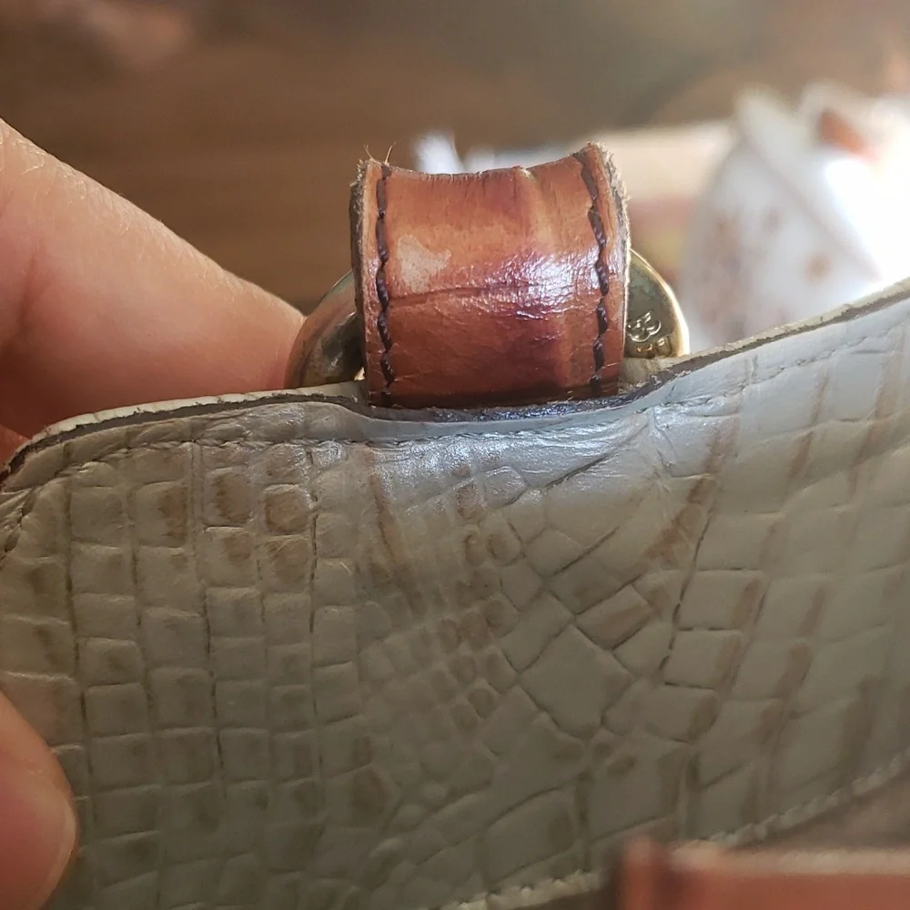 Brahmin Cream Tote with Brown Croc-Embossed Trim